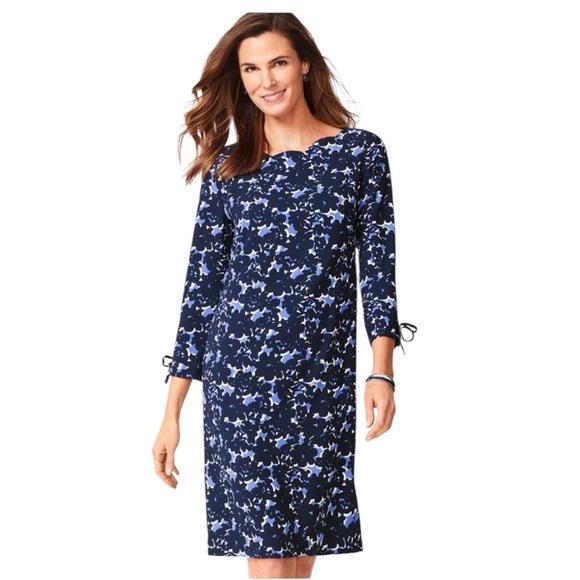 Talbots Crepe Shift Dress Blue Floral Tie Bow Sleeve Scalloped Neckline 12P - Picture 1 of 10